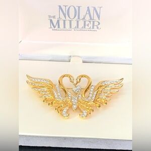 RARE~ Vintage Nolan Miller Double Swan Brooch Pin Dangle Heart Pave Sparkling Fa